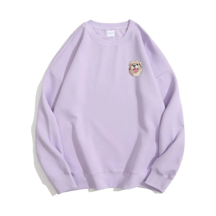 Lavender sweatshirt with a small embroidered custom dog portrait