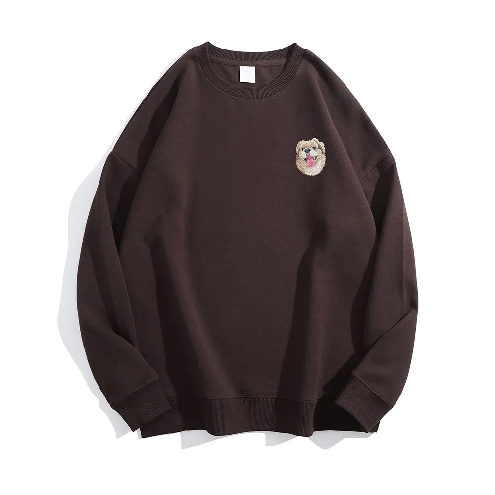 Brown personalized sweatshirt with a small embroidered dog portrait on the left chest