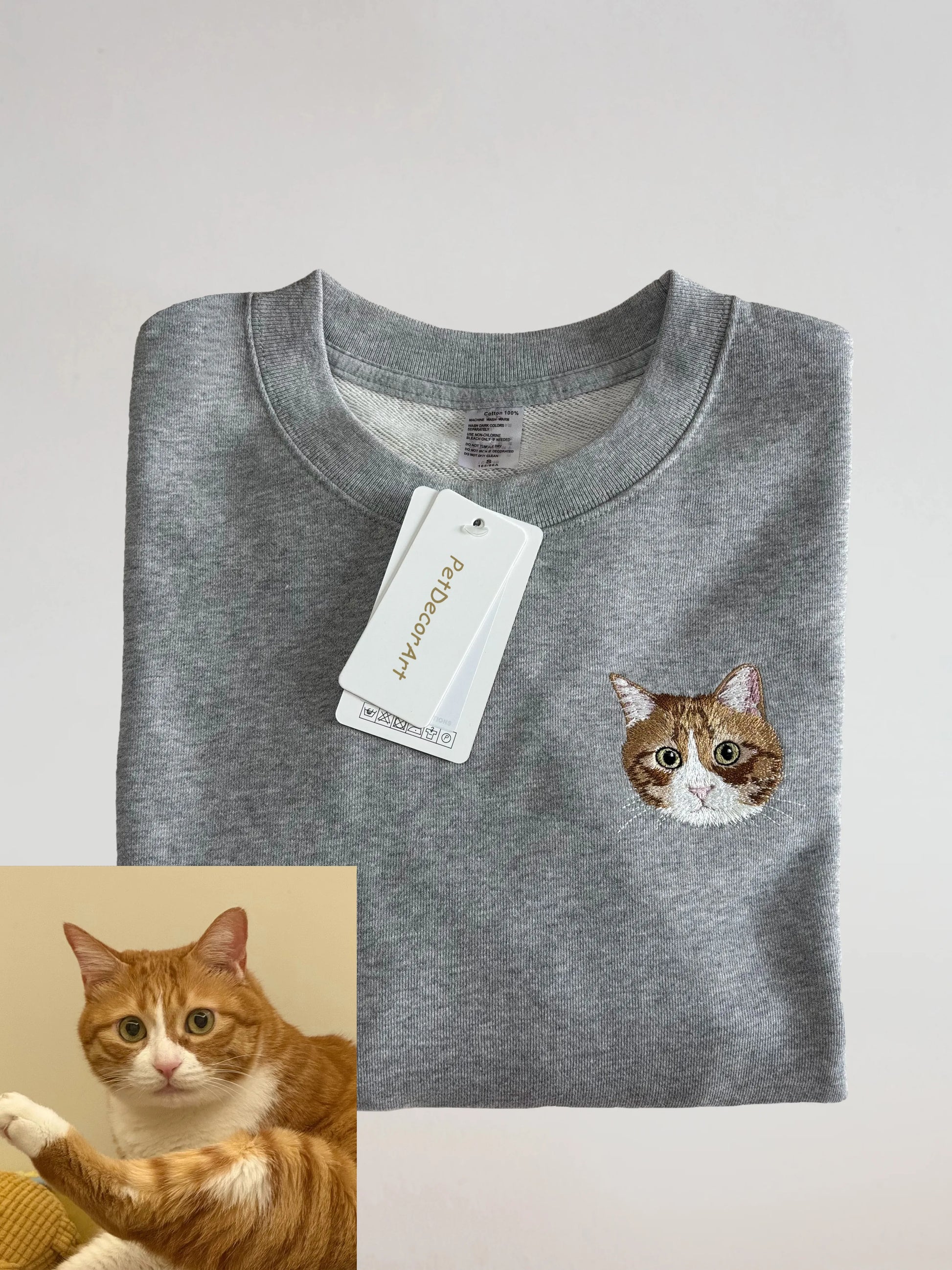 Custom embroidered pet portrait sweatshirt in grey with original cat photo