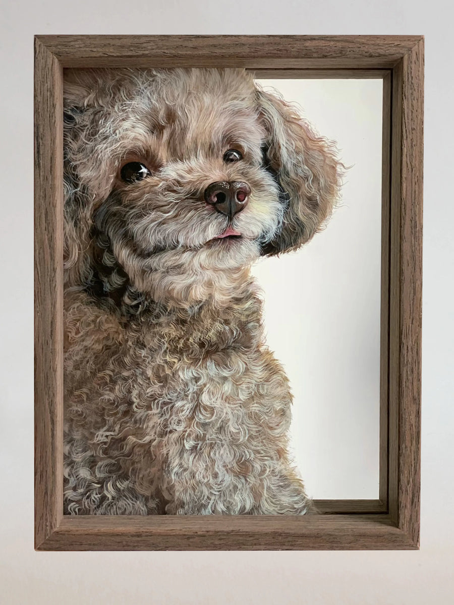 Custom hand-painted dog portrait on glass with a wooden frame