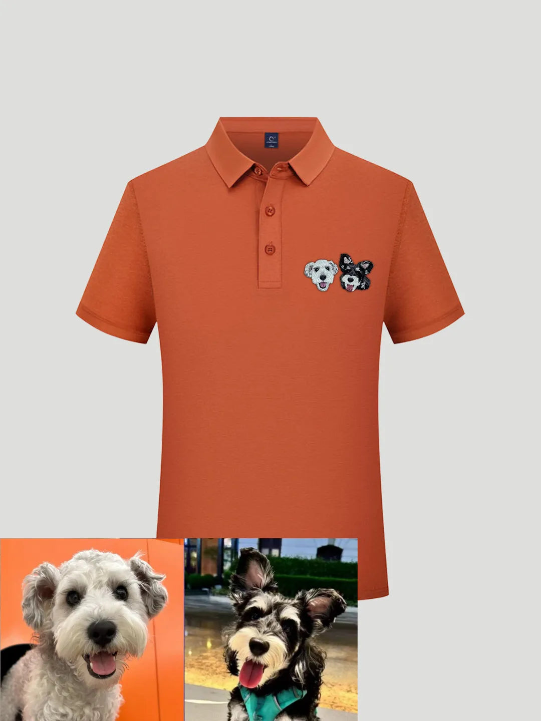 Custom polo shirt with embroidered pet portrait from PetDecorArt in short sleeve polo style