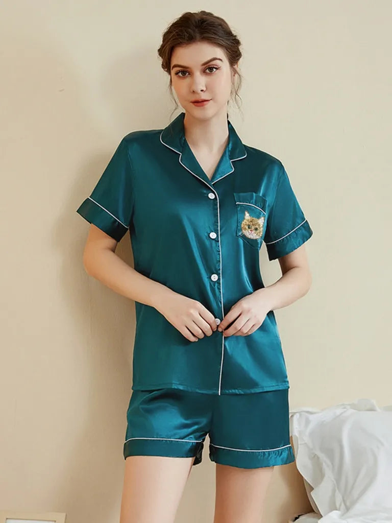 Custom Short Sleeve Pajamas With Hand Embroidered Pet Portrait