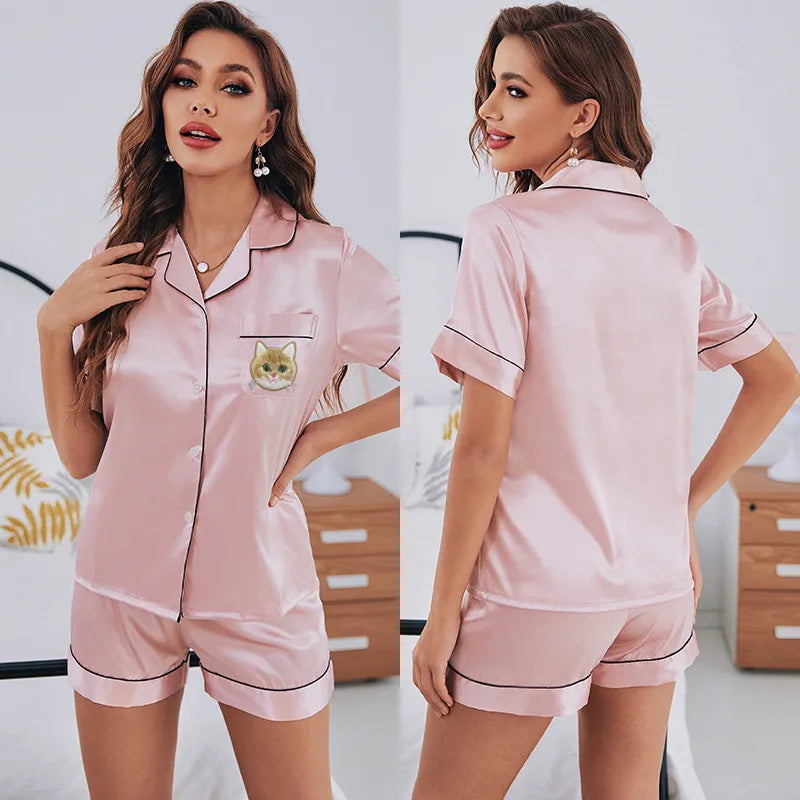 Custom Short Sleeve Pajamas With Hand Embroidered Pet Portrait