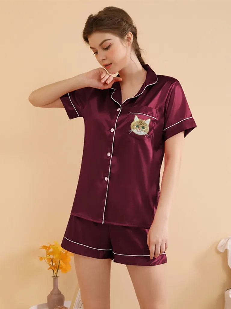 Custom Short Sleeve Pajamas With Hand Embroidered Pet Portrait