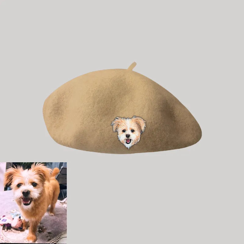 Custom Wool Beret Hat with Pet Portrait - Personalized Caps for Pet Lovers