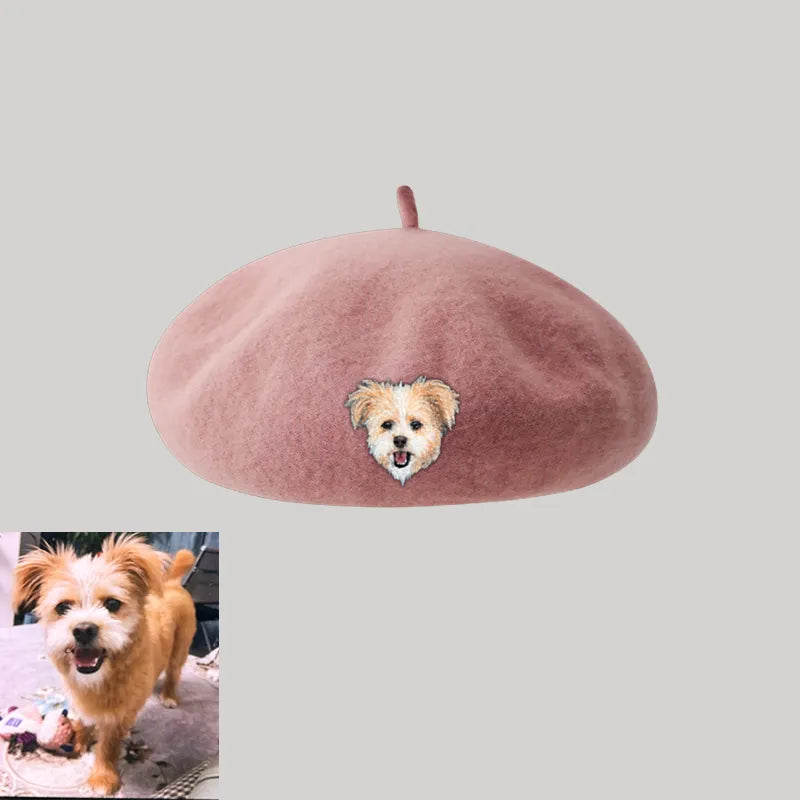 Custom Wool Beret Hat with Pet Portrait - Personalized Caps for Pet Lovers