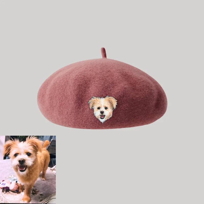 Custom Wool Beret Hat with Pet Portrait - Personalized Caps for Pet Lovers