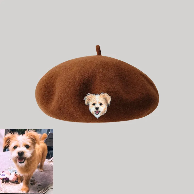 Custom Wool Beret Hat with Pet Portrait - Personalized Caps for Pet Lovers