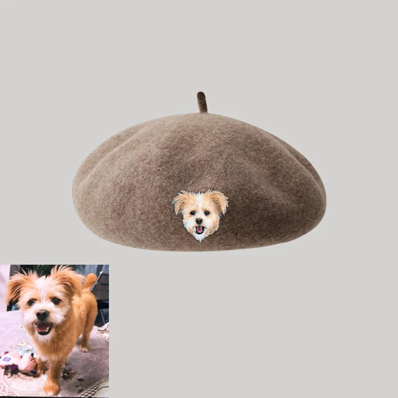 Custom Wool Beret Hat with Pet Portrait - Personalized Caps for Pet Lovers