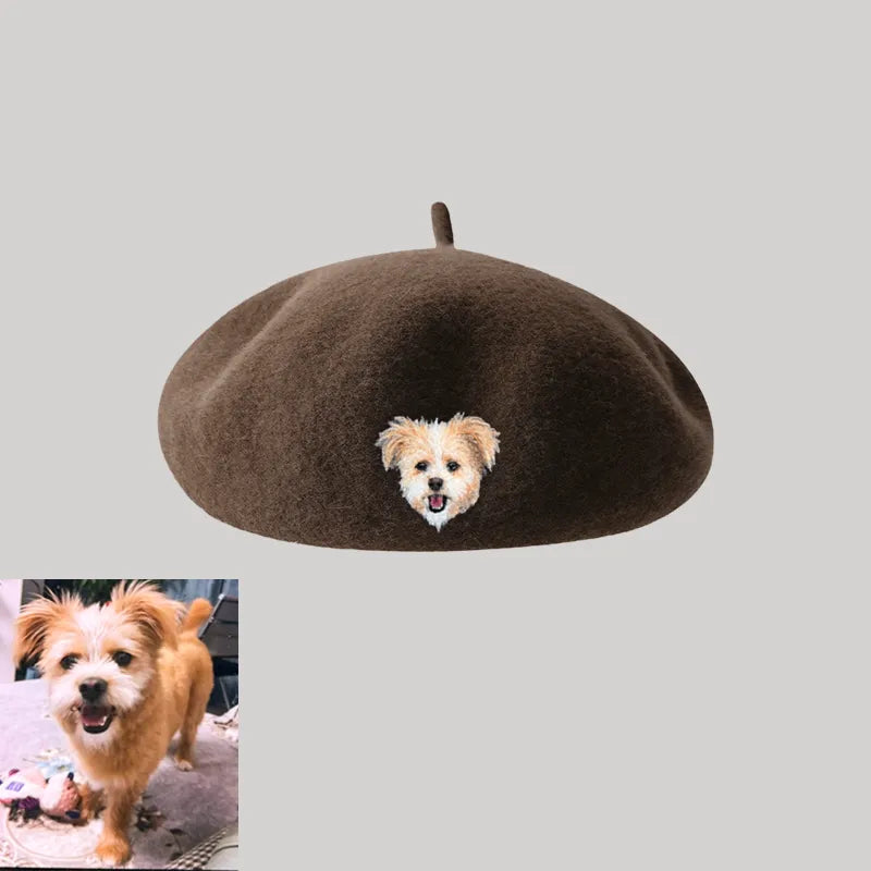 Custom Wool Beret Hat with Pet Portrait - Personalized Caps for Pet Lovers