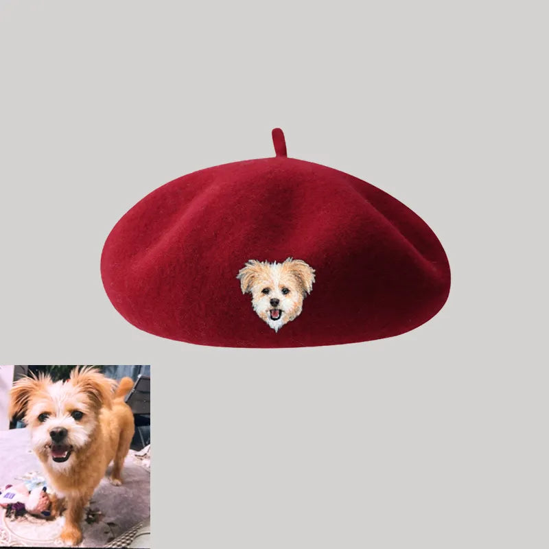 Custom Wool Beret Hat with Pet Portrait - Personalized Caps for Pet Lovers