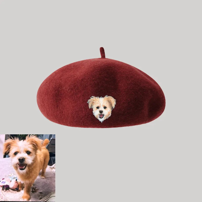 Custom Wool Beret Hat with Pet Portrait - Personalized Caps for Pet Lovers