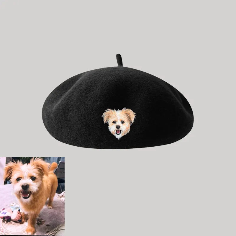 Custom Wool Beret Hat with Pet Portrait - Personalized Caps for Pet Lovers