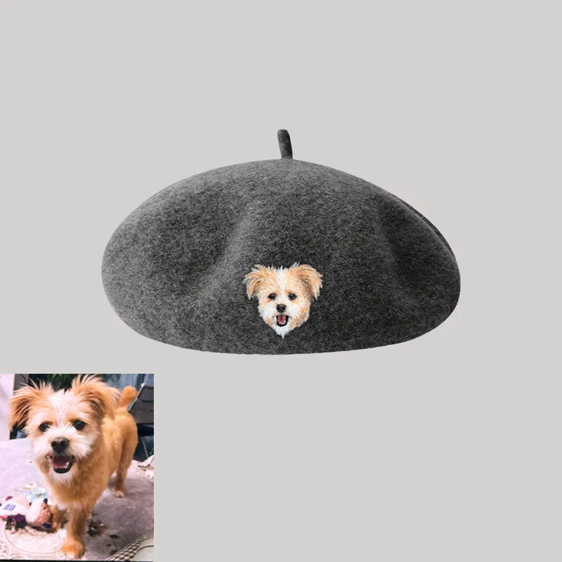 Custom Wool Beret Hat with Pet Portrait - Personalized Caps for Pet Lovers