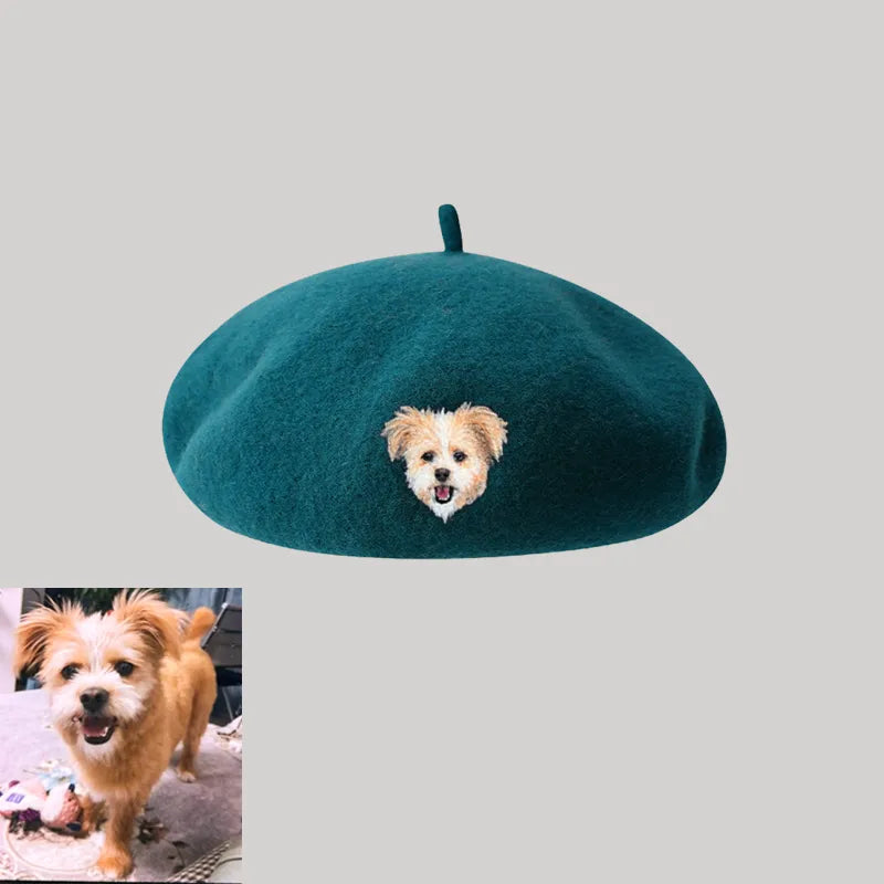 Custom Wool Beret Hat with Pet Portrait - Personalized Caps for Pet Lovers