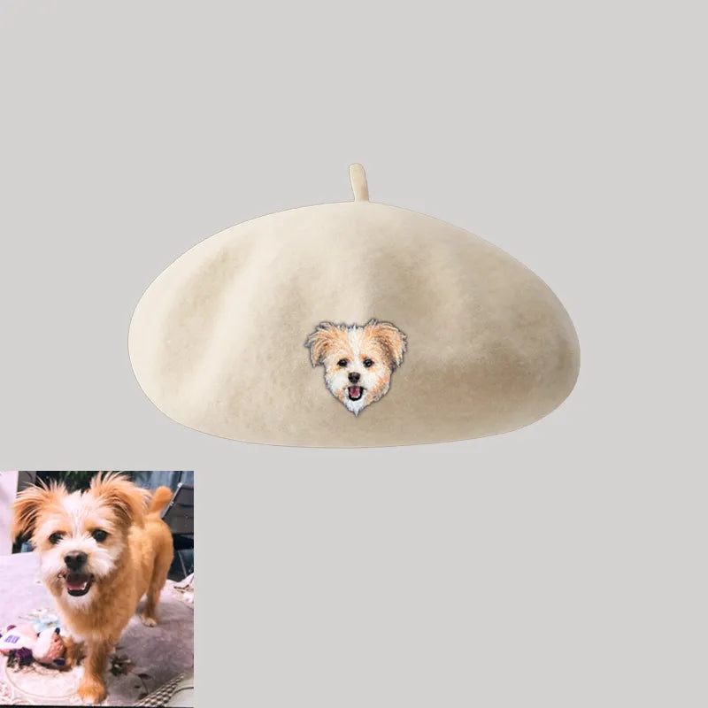Custom Wool Beret Hat with Pet Portrait - Personalized Caps for Pet Lovers
