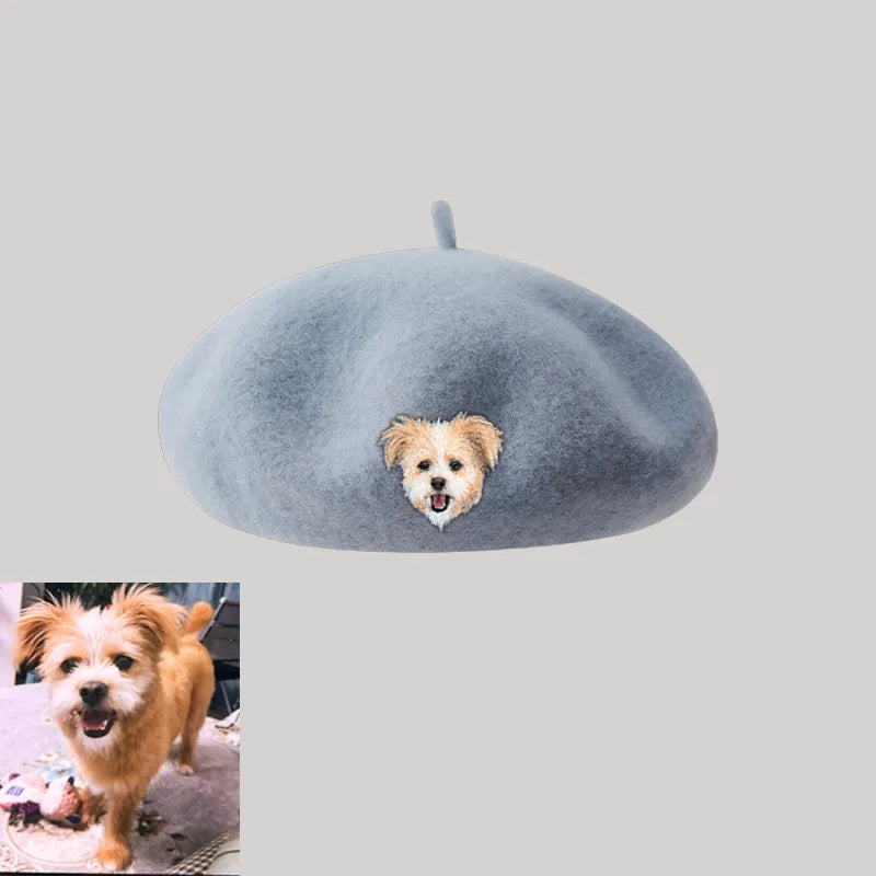 Custom Wool Beret Hat with Pet Portrait - Personalized Caps for Pet Lovers