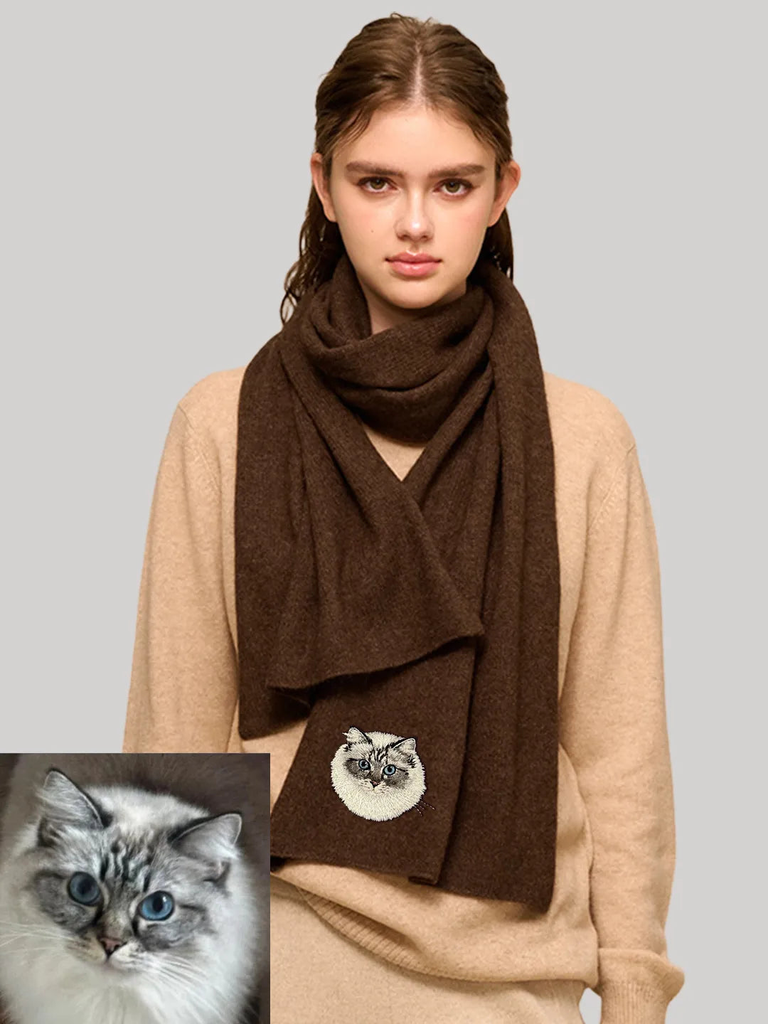 Custom Yak Wool Scarf with Pet Portrait – Knitted 50% Yak 50% Wool Shawl