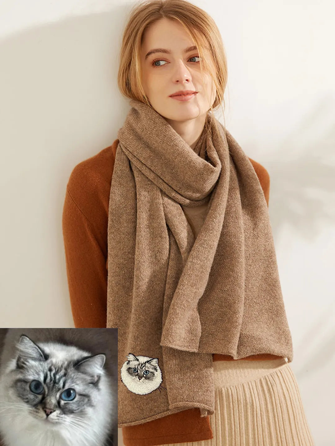 Custom Yak Wool Scarf with Pet Portrait – Knitted 50% Yak 50% Wool Shawl