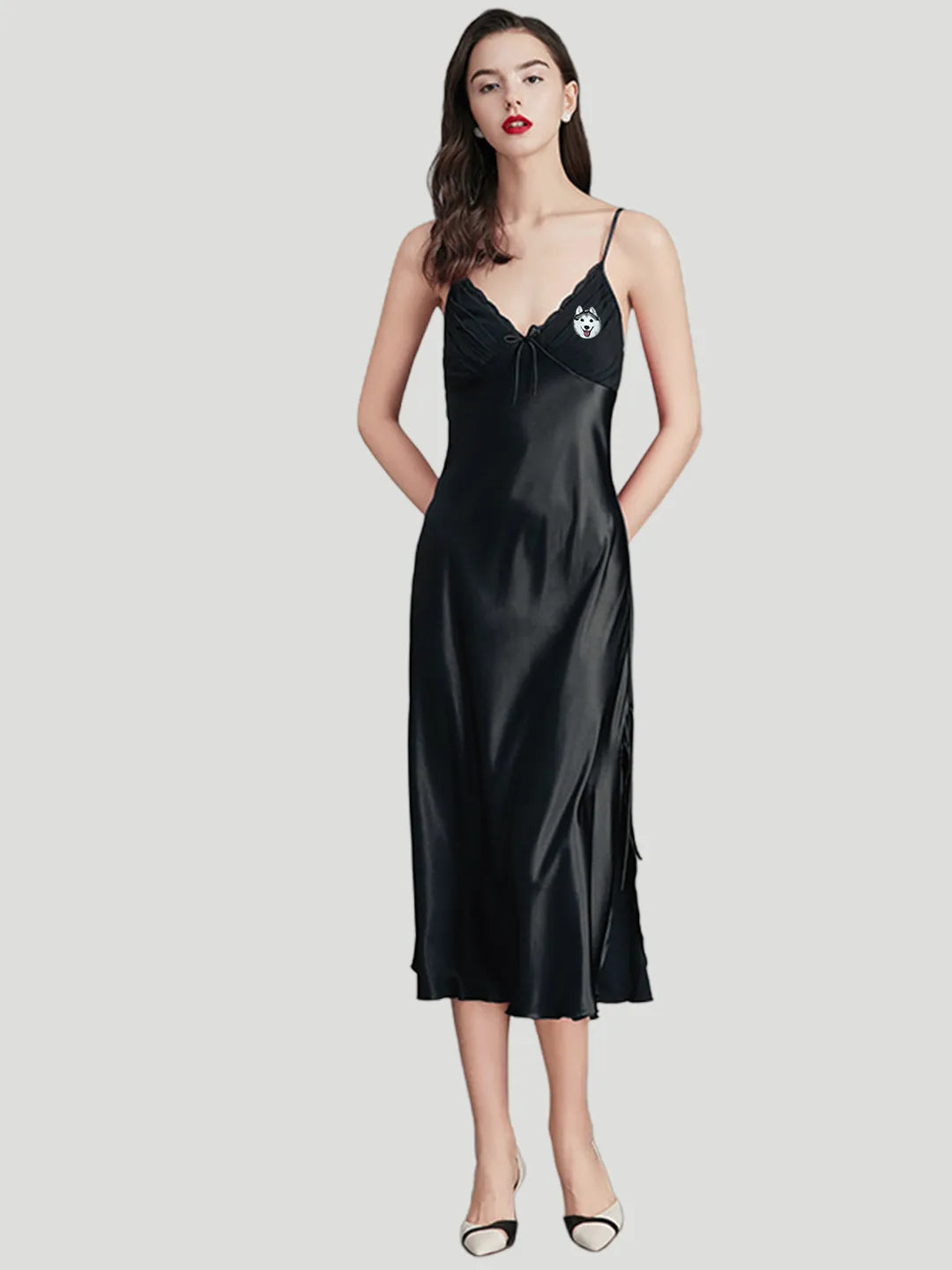 Grey Slip Pajama Nightdress – Custom Embroidered Photo Long Sleep Dress with Side Slit for Women