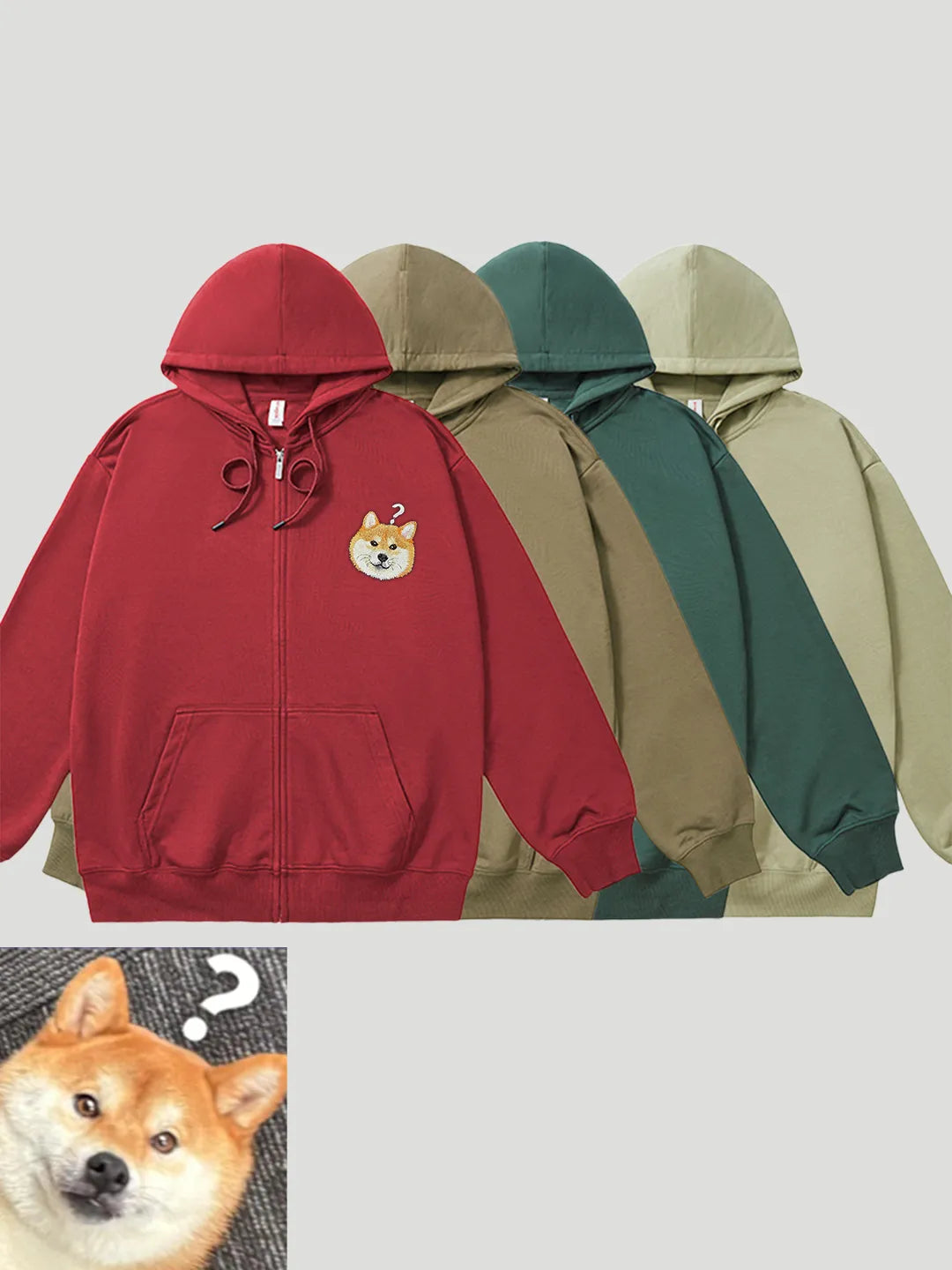 Handmade custom embroidered pet portrait zip hoodie 330g relaxed fit from PetDecorArt