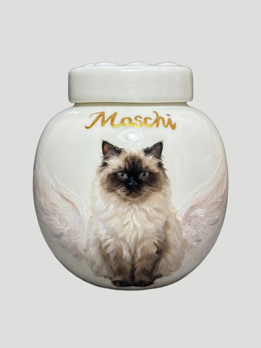Paw print customized ceramic pet urn with hand-painted portrait from PetDecorArt