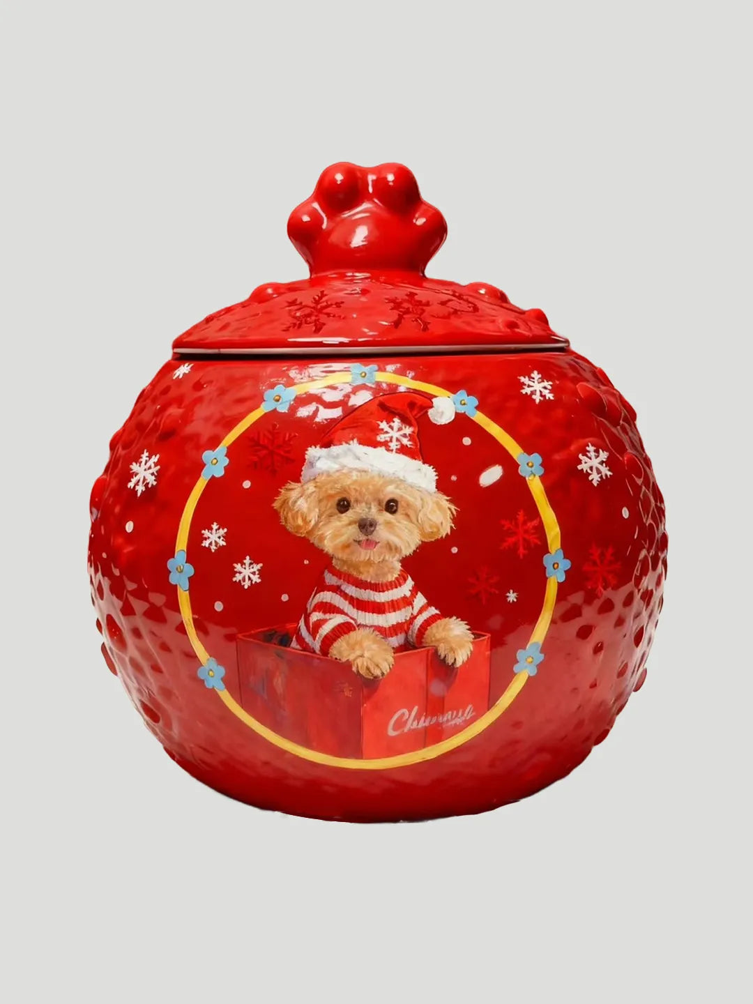Red planet-shaped ceramic pet urn with a custom hand-painted dog portrait