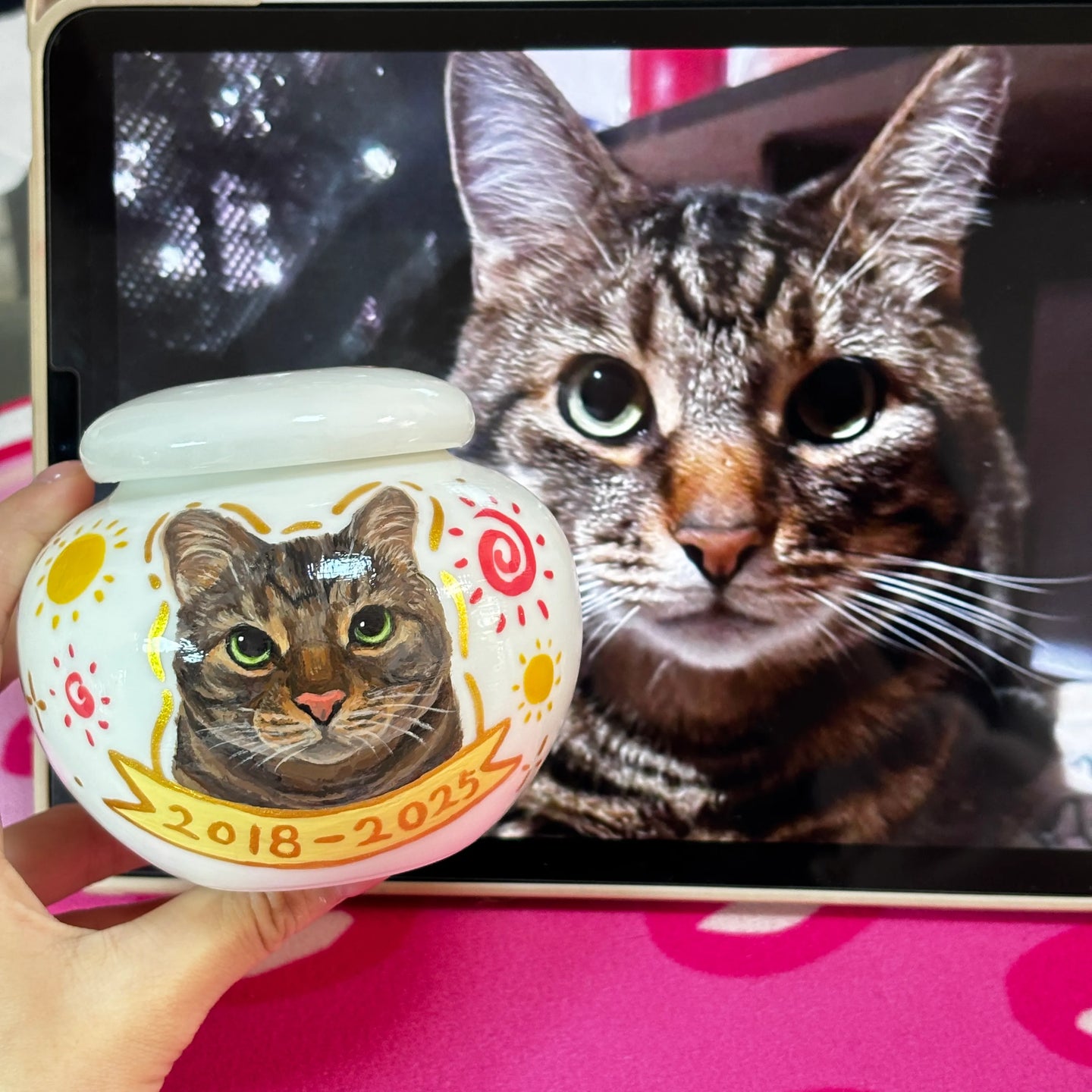 Round Urn – Customized Ceramic Pet Urn with Hand-Painted Pet Portrait (Small Dogs & Cats)