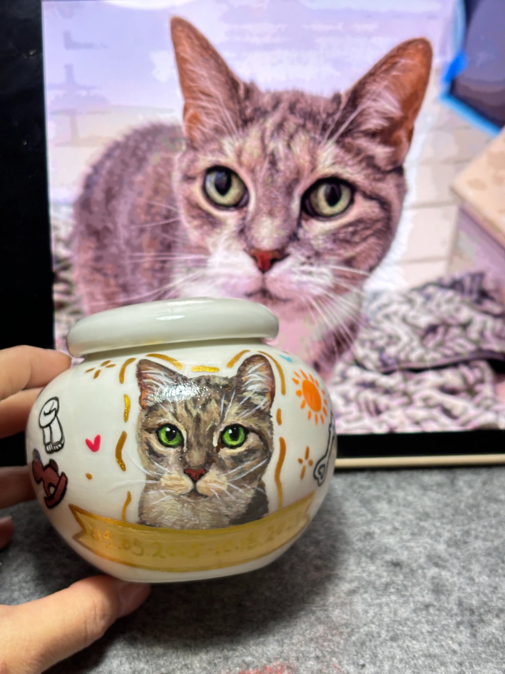 Round Urn – Customized Ceramic Pet Urn with Hand-Painted Pet Portrait (Small Dogs & Cats)