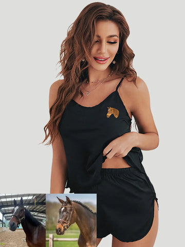 Summer Embroidered Custom Pajamas Set with Pet Portrait – Satin Cami & Shorts