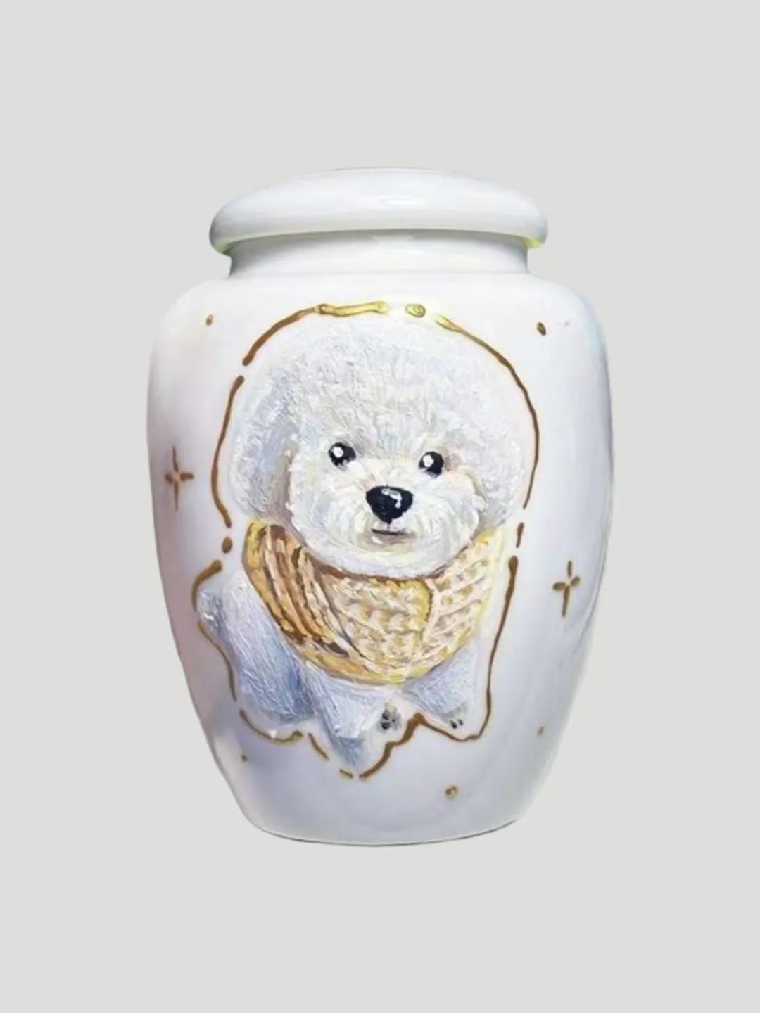 Tall ceramic pet urn with hand-painted small white dog portrait