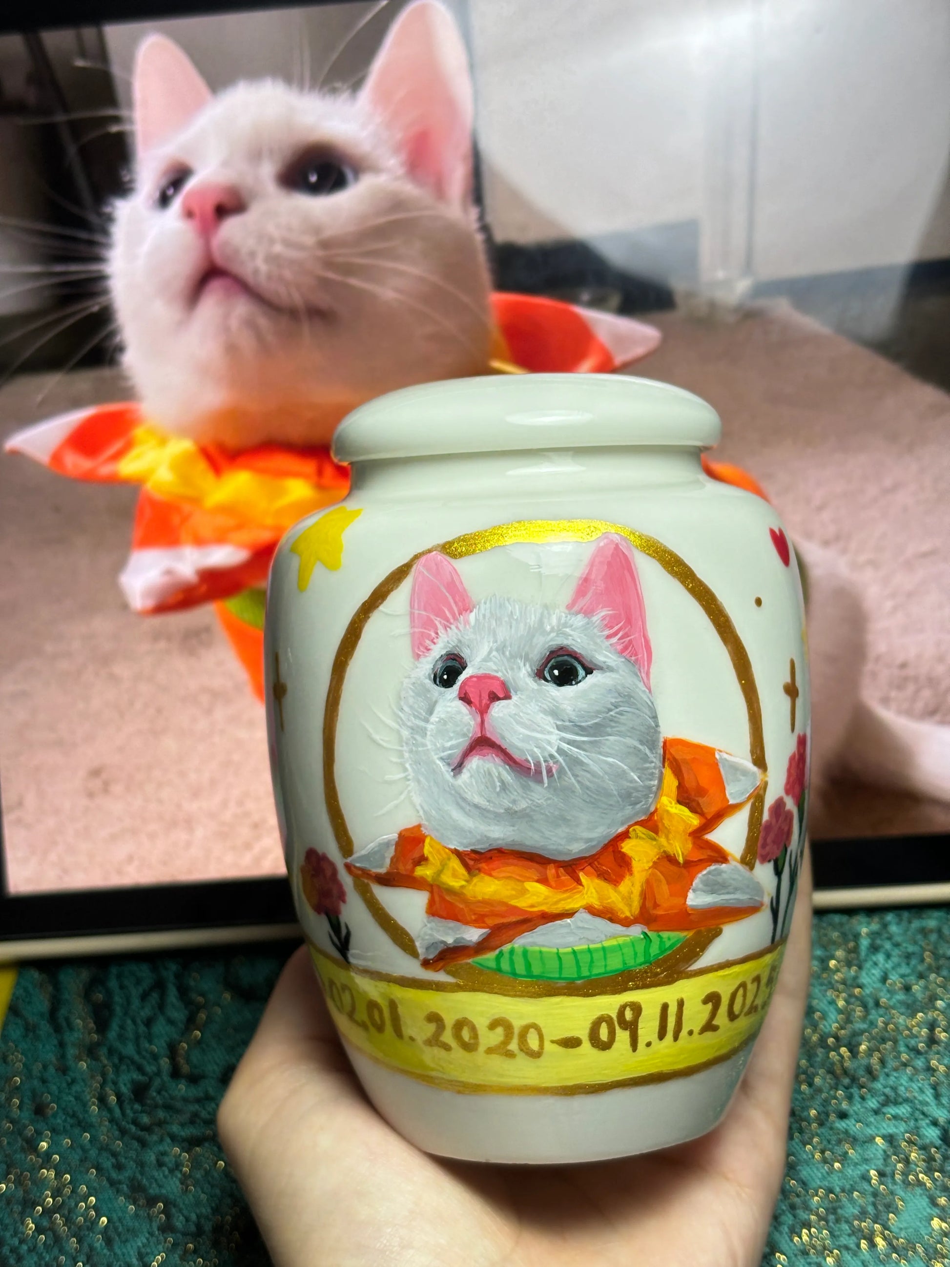 Tall Urn – Customized Ceramic Pet Urn with Hand-Painted Pet Portrait for Small Dogs & Pets