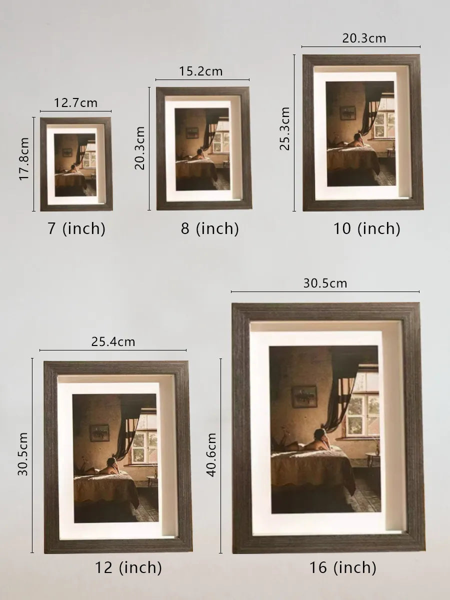 Framed portrait size guide from PetDecorArt: 6–16 inches with metric dimensions