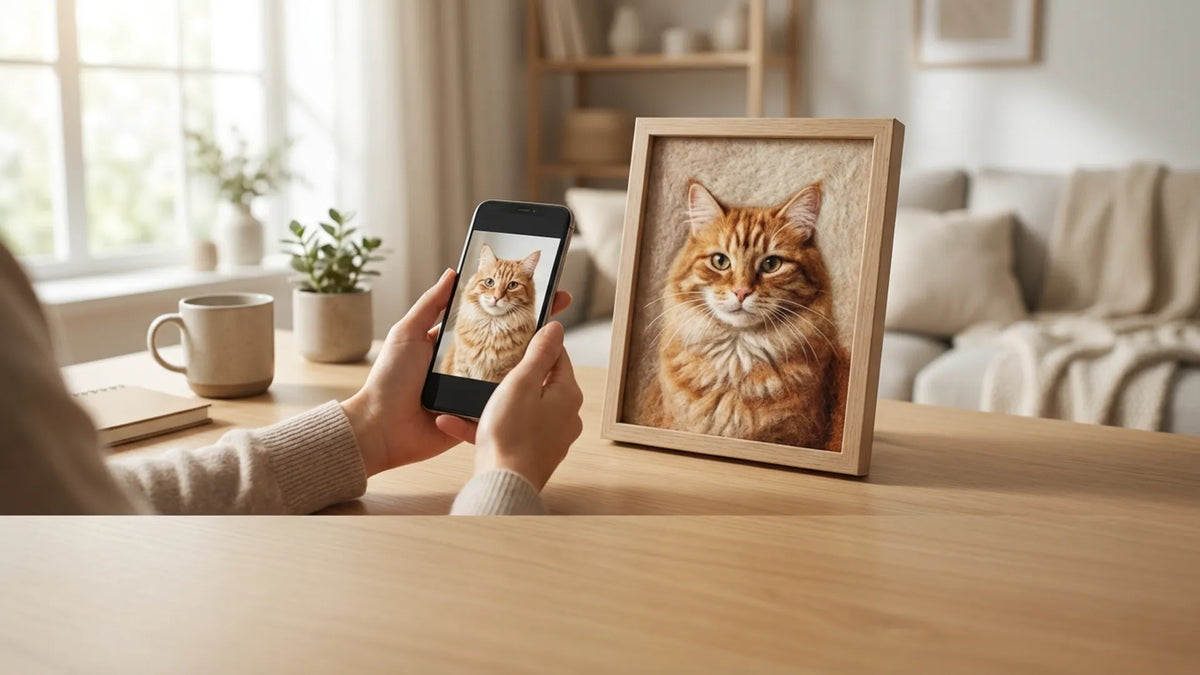 Custom cat portrait collection from PetDecorArt shown on a framed piece beside a phone photo