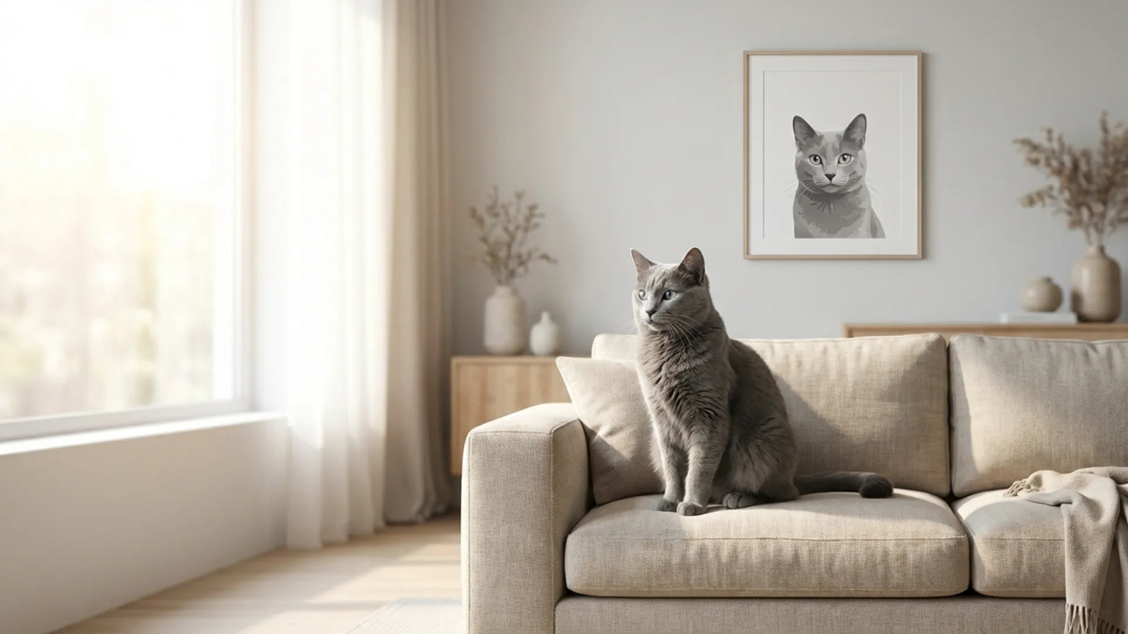 A gray cat sitting on a sofa with a custom cat portrait on the wall