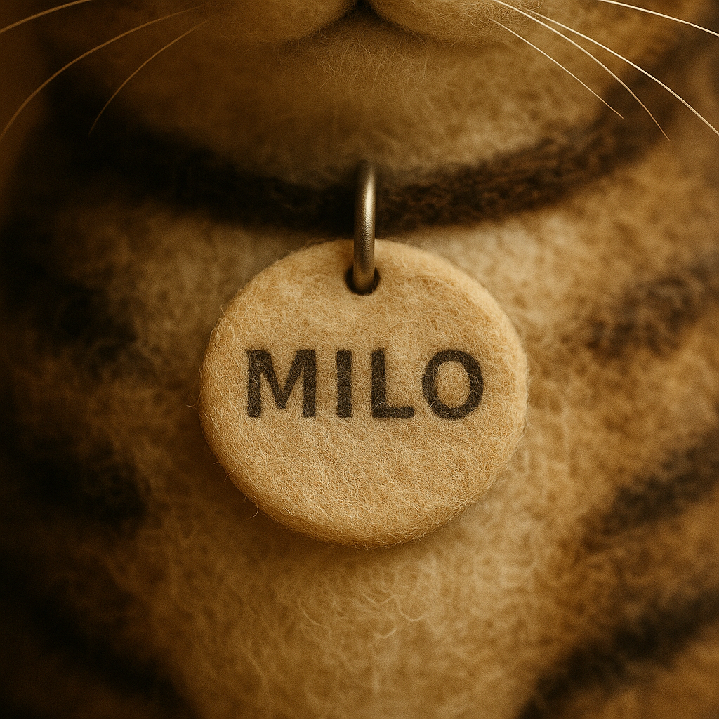 needle-felted cat’s chest showing a round beige name tag that reads “MILO”